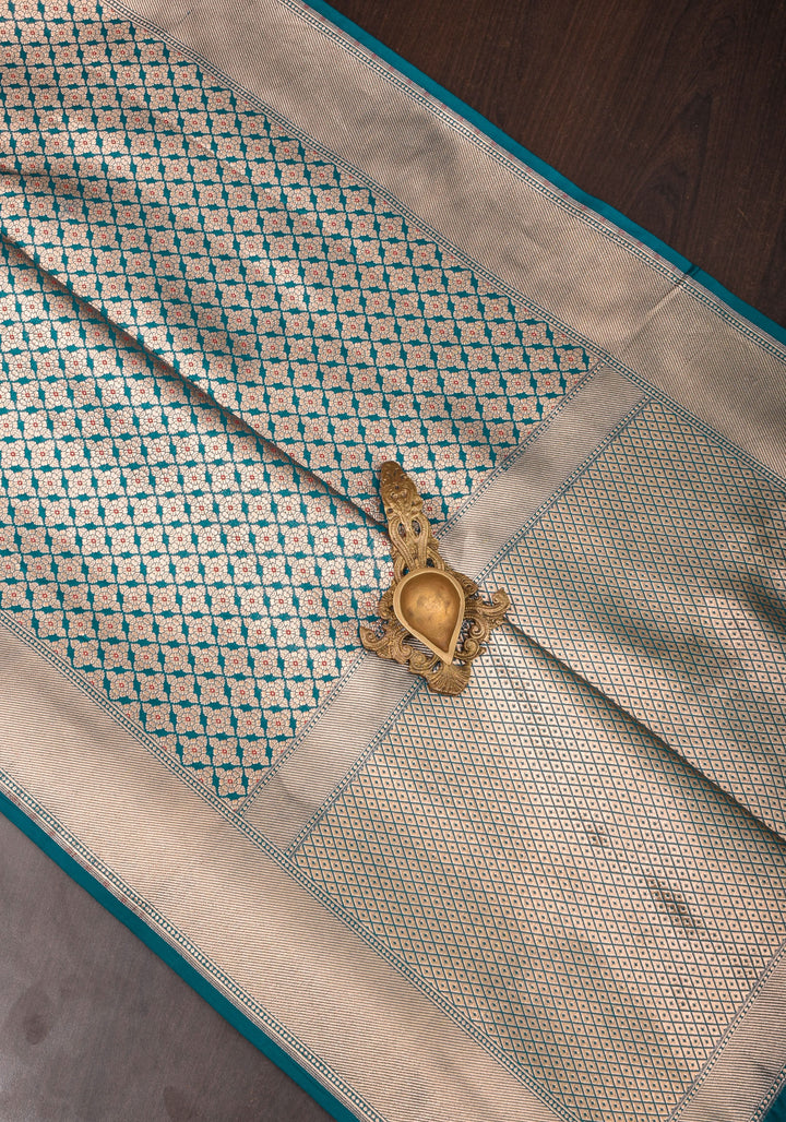 Exquisite Teal Banarasi Meenakari Golden Zari Geomentric Design Brocade Pure Katan Silk Saree | SILK MARK CERTIFIED