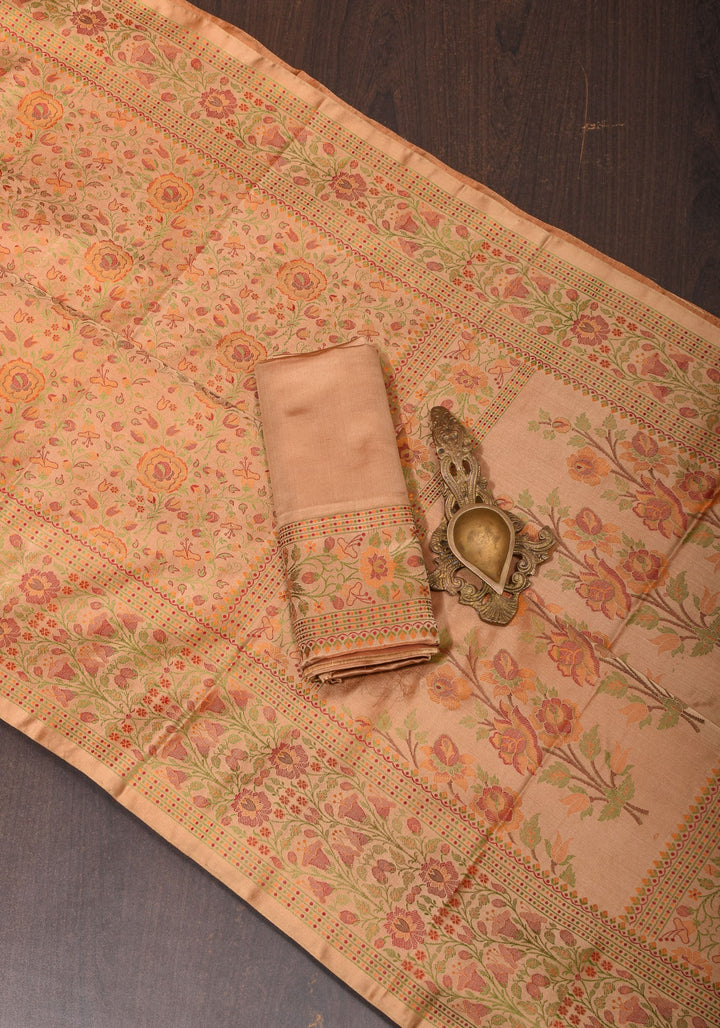 Dark Beige Tanchoi Floral Banarasi Saree in Pure Silk Satin  | SILK MARK CERTIFIED