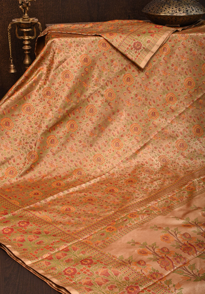 Dark Beige Tanchoi Floral Banarasi Saree in Pure Silk Satin  | SILK MARK CERTIFIED
