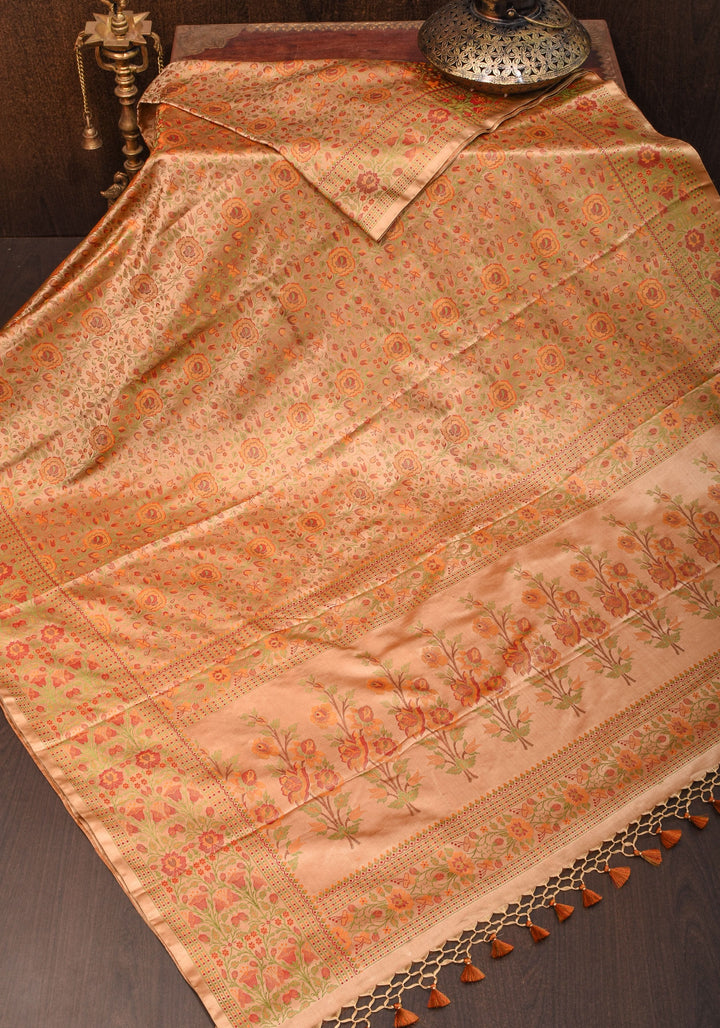 Dark Beige Tanchoi Floral Banarasi Saree in Pure Silk Satin  | SILK MARK CERTIFIED