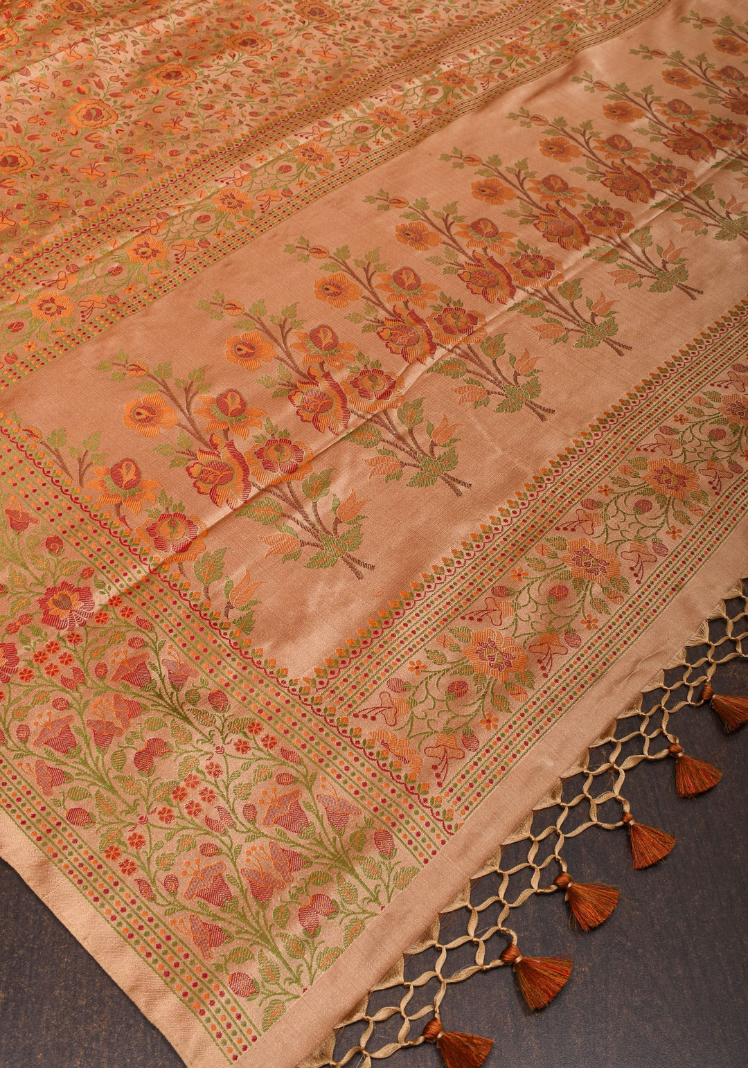 Dark Beige Tanchoi Floral Banarasi Saree in Pure Silk Satin  | SILK MARK CERTIFIED