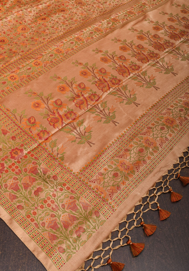 Dark Beige Tanchoi Floral Banarasi Saree in Pure Silk Satin  | SILK MARK CERTIFIED