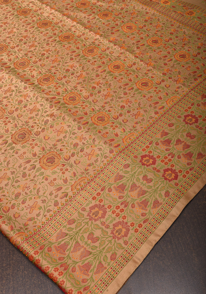 Dark Beige Tanchoi Floral Banarasi Saree in Pure Silk Satin  | SILK MARK CERTIFIED