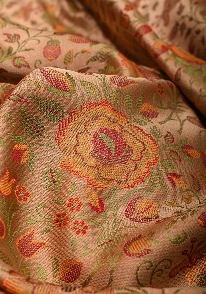 Dark Beige Tanchoi Floral Banarasi Saree in Pure Silk Satin  | SILK MARK CERTIFIED