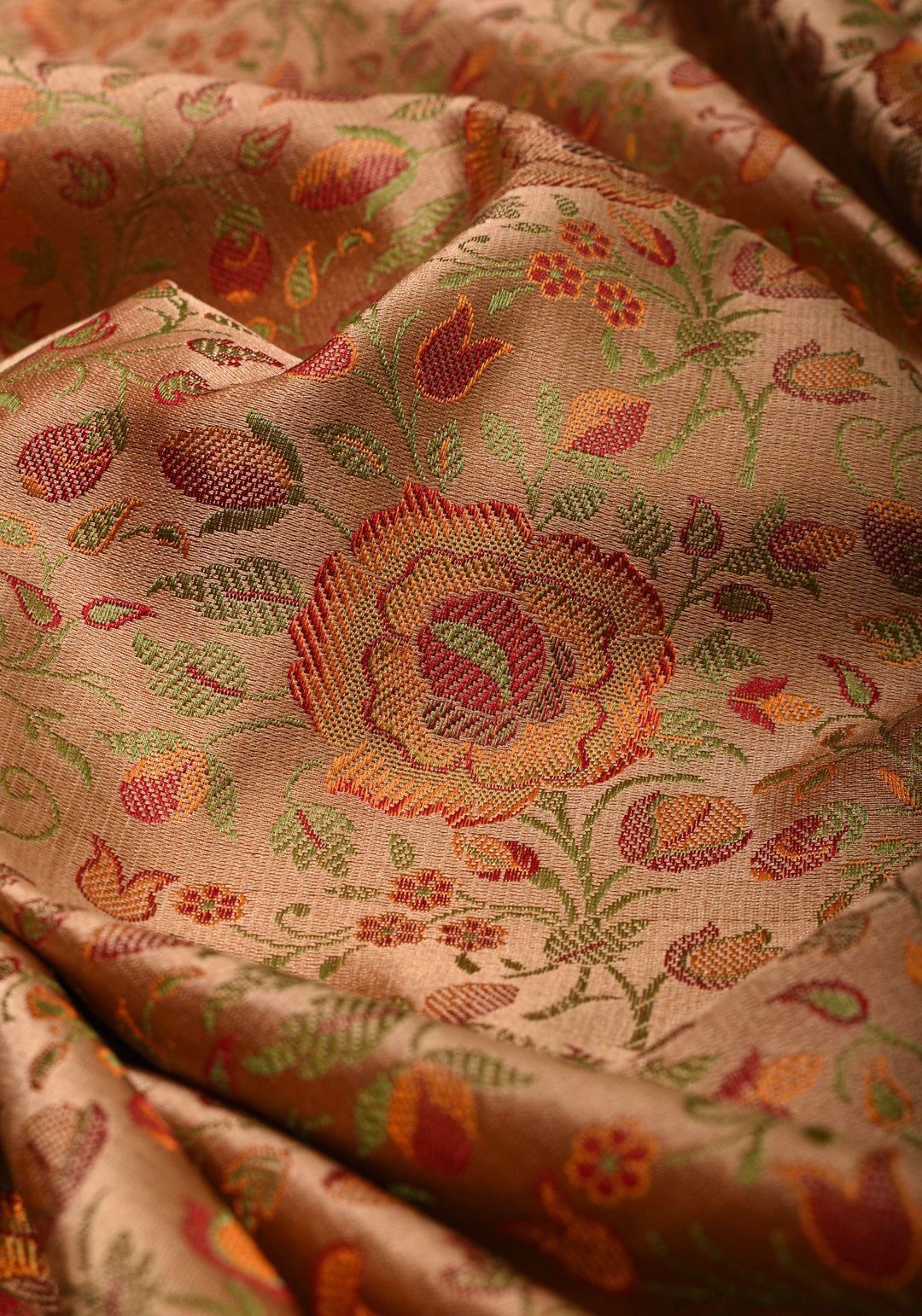 Dark Beige Tanchoi Floral Banarasi Saree in Pure Silk Satin  | SILK MARK CERTIFIED