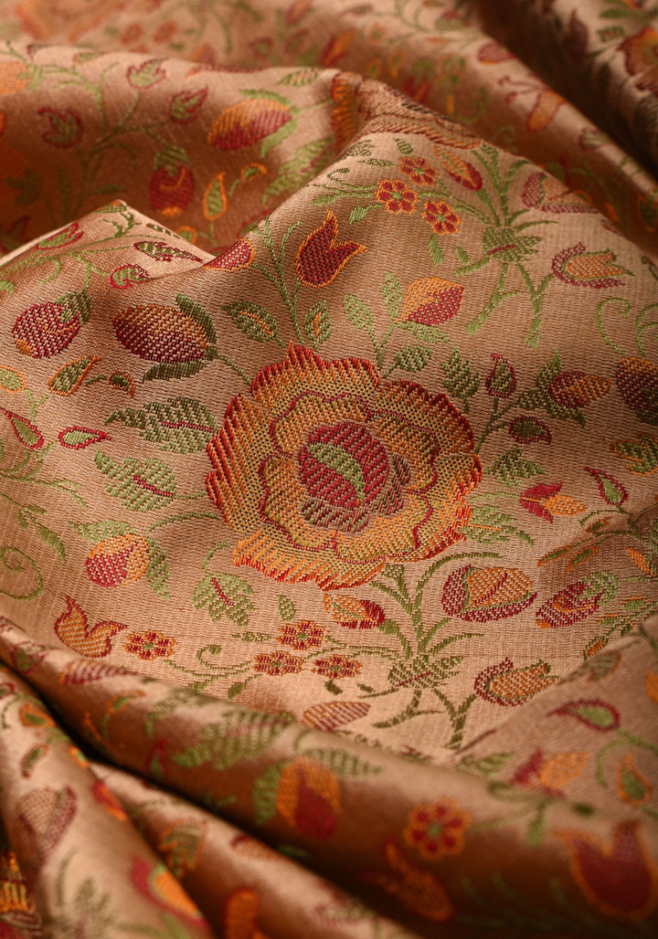 Dark Beige Tanchoi Floral Banarasi Saree in Pure Silk Satin  | SILK MARK CERTIFIED