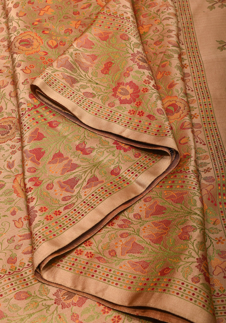 Dark Beige Tanchoi Floral Banarasi Saree in Pure Silk Satin  | SILK MARK CERTIFIED