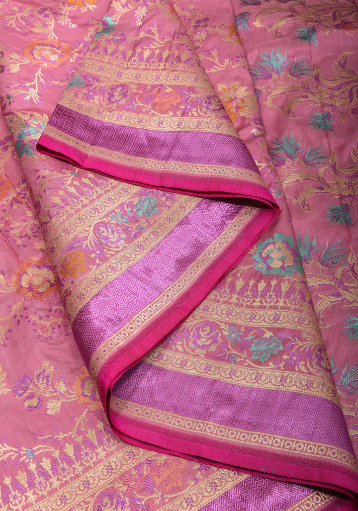 Authentic Banarasi Meenakari blooming Floral Jaal Katan Silk Saree in Dusty Pink | SILK MARK CERTIFIED
