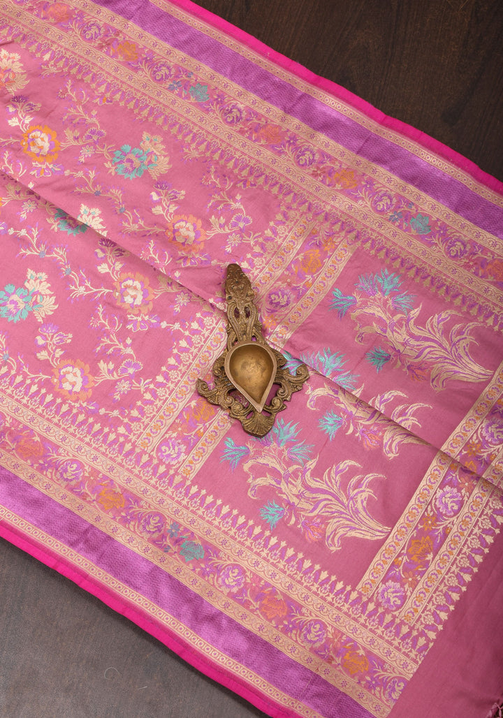 Authentic Banarasi Meenakari blooming Floral Jaal Katan Silk Saree in Dusty Pink | SILK MARK CERTIFIED