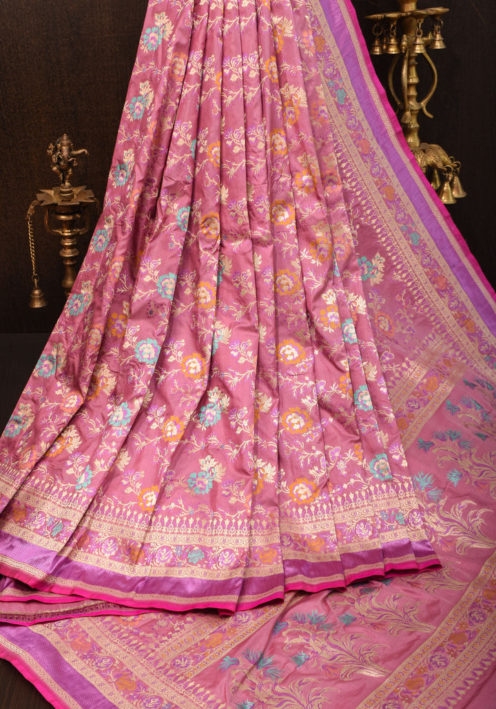 Authentic Banarasi Meenakari blooming Floral Jaal Katan Silk Saree in Dusty Pink | SILK MARK CERTIFIED