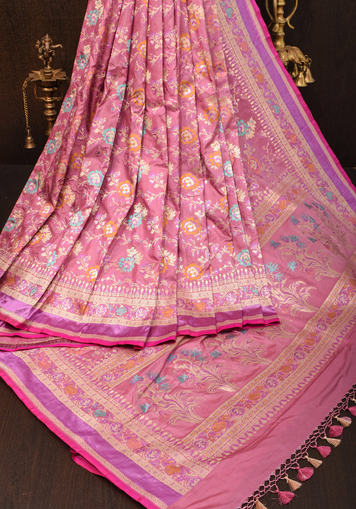 Authentic Banarasi Meenakari blooming Floral Jaal Katan Silk Saree in Dusty Pink | SILK MARK CERTIFIED