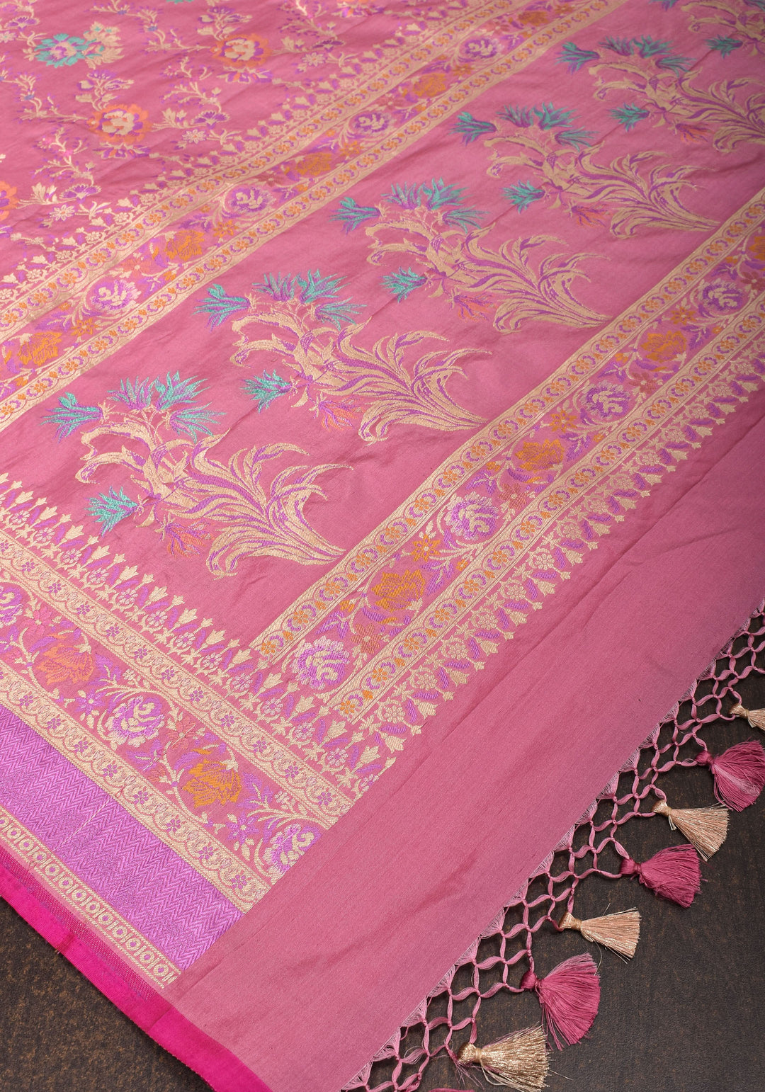 Authentic Banarasi Meenakari blooming Floral Jaal Katan Silk Saree in Dusty Pink | SILK MARK CERTIFIED