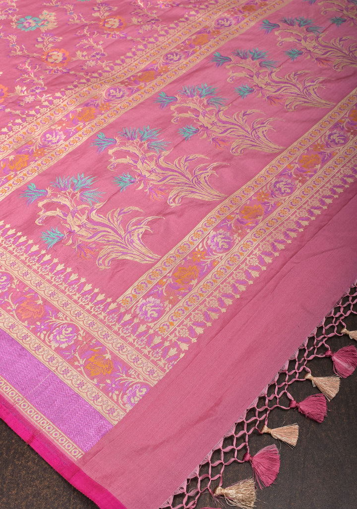 Authentic Banarasi Meenakari blooming Floral Jaal Katan Silk Saree in Dusty Pink | SILK MARK CERTIFIED
