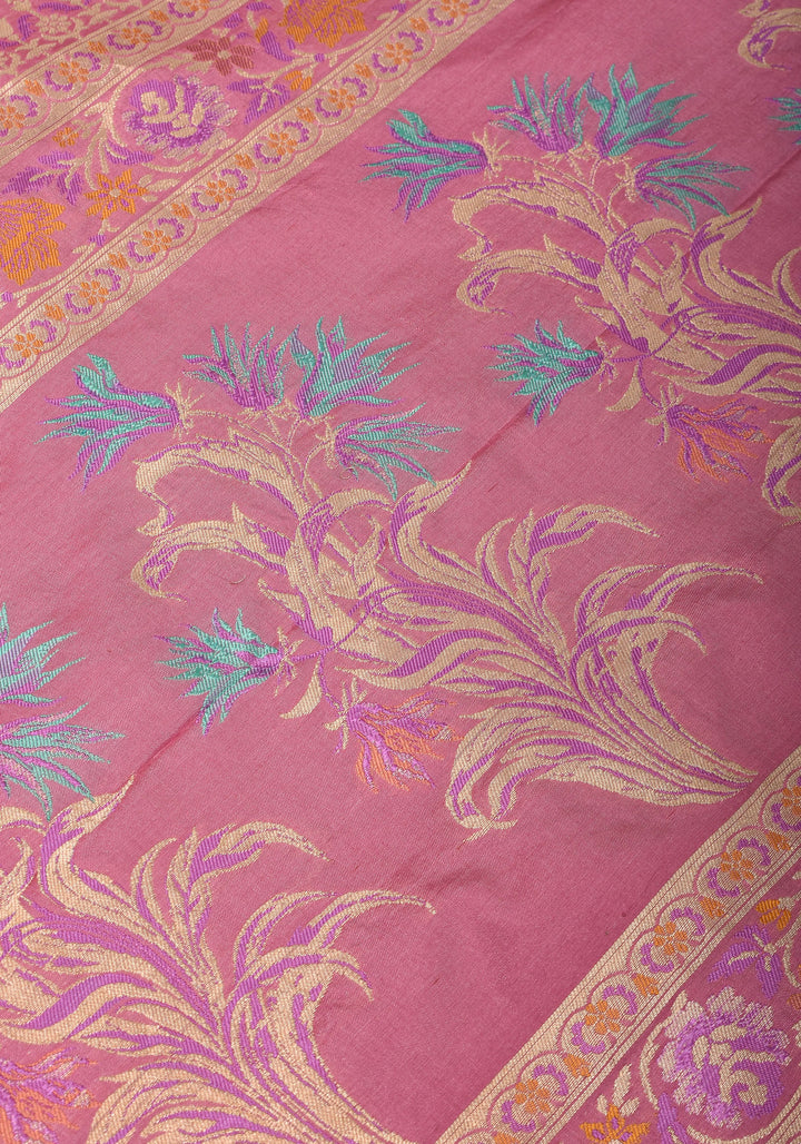 Authentic Banarasi Meenakari blooming Floral Jaal Katan Silk Saree in Dusty Pink | SILK MARK CERTIFIED