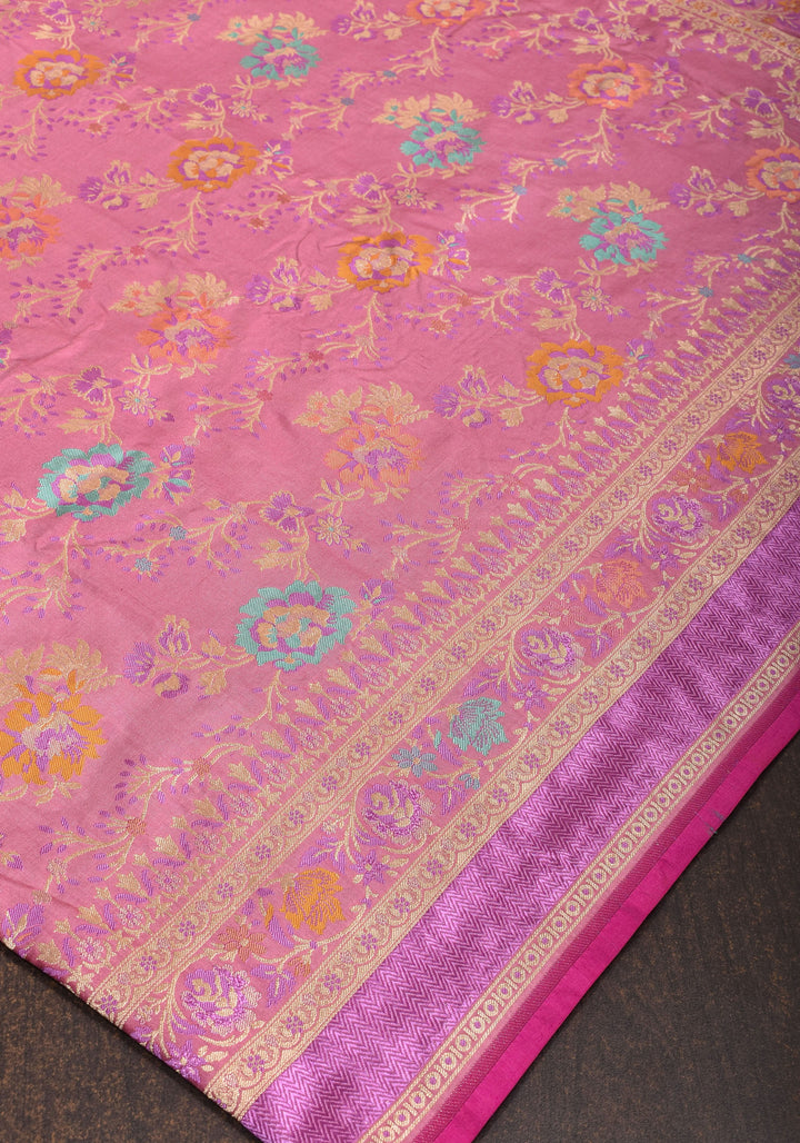 Authentic Banarasi Meenakari blooming Floral Jaal Katan Silk Saree in Dusty Pink | SILK MARK CERTIFIED