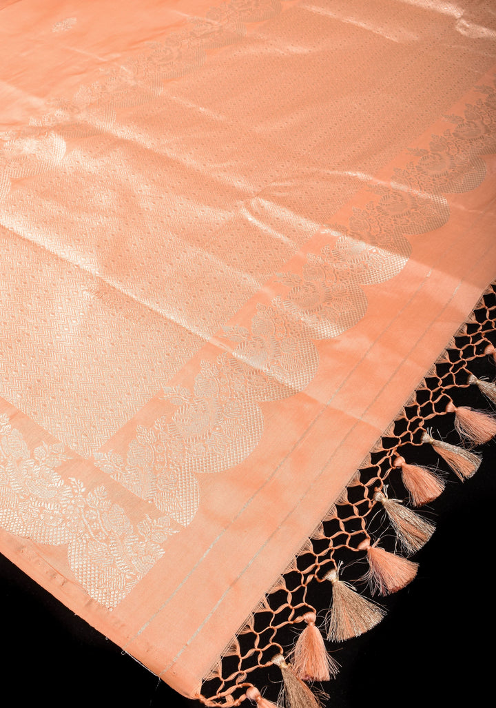 Peach Banarasi Katan Silk Saree with Zari Buttas Scallop border | SILK MARK CERTIFIED