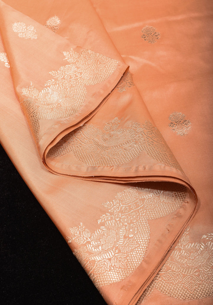 Peach Banarasi Katan Silk Saree with Zari Buttas Scallop border | SILK MARK CERTIFIED