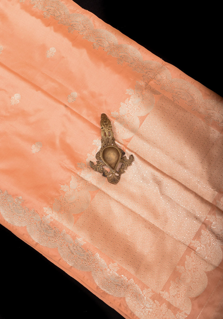 Peach Banarasi Katan Silk Saree with Zari Buttas Scallop border | SILK MARK CERTIFIED