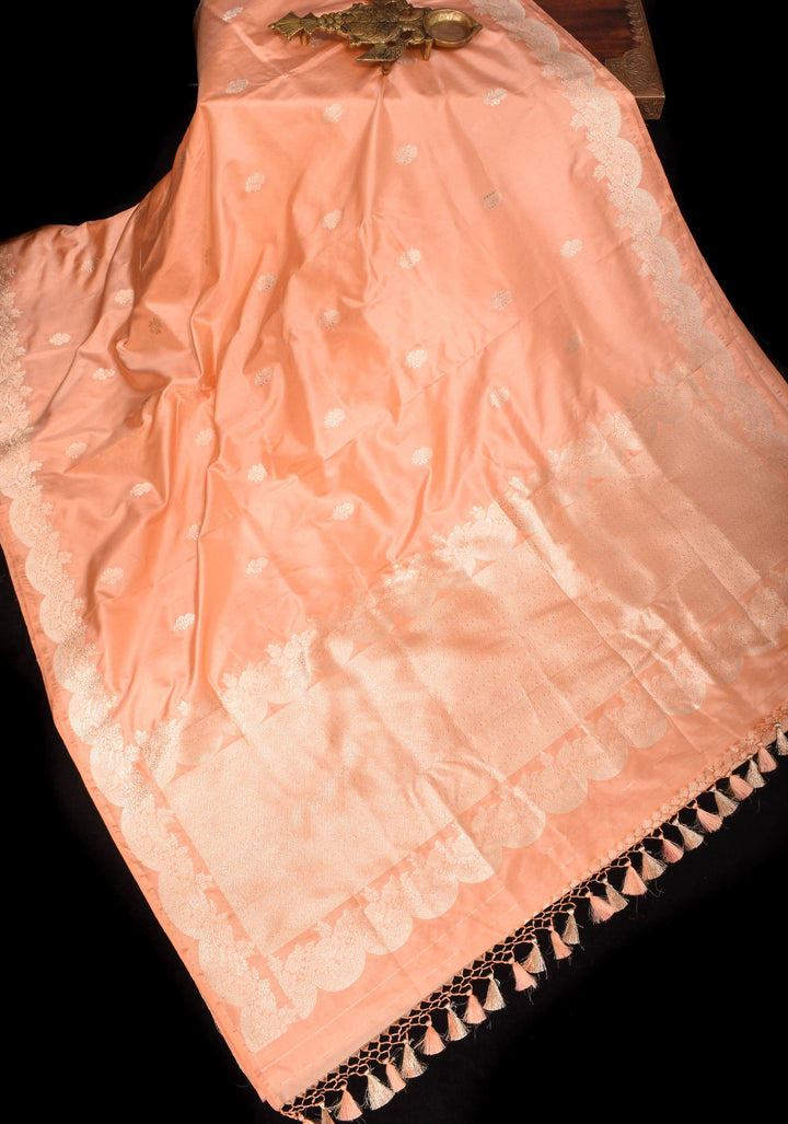 Peach Banarasi Katan Silk Saree with Zari Buttas Scallop border | SILK MARK CERTIFIED