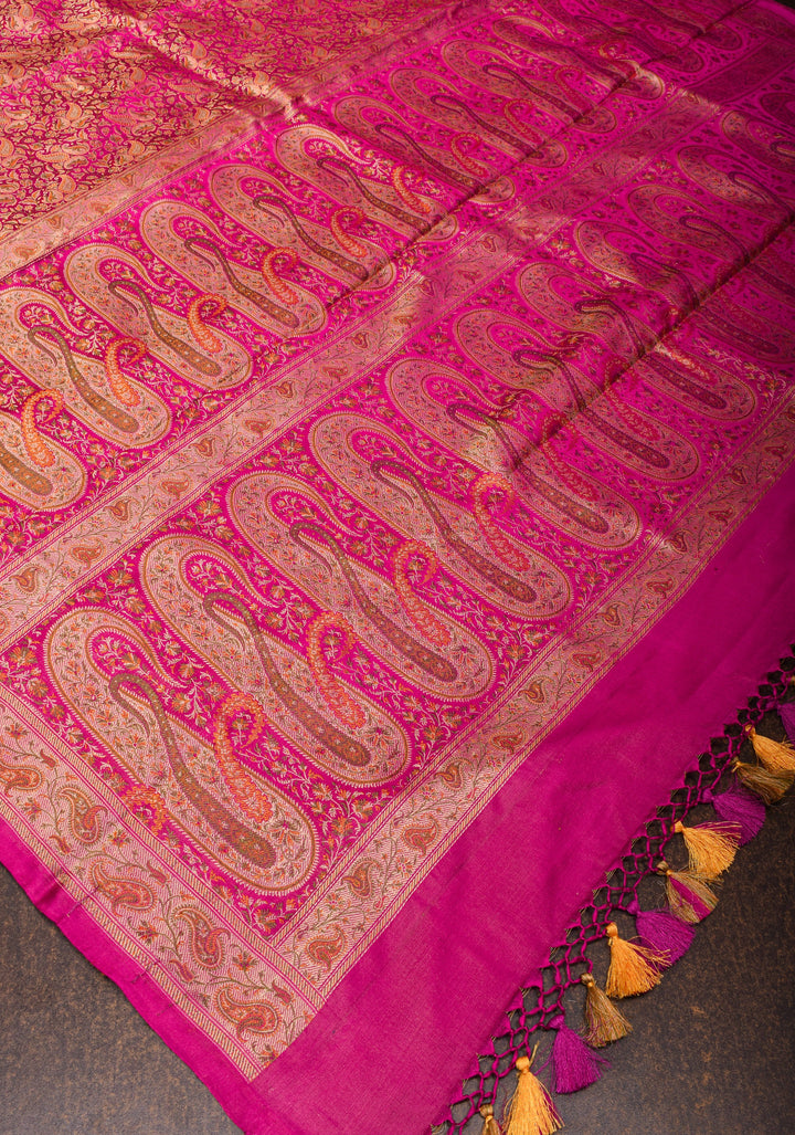 Rani Pink Tanchoi Floral Banarasi Silk Saree in Pure Silk Satin   | SILK MARK CERTIFIED
