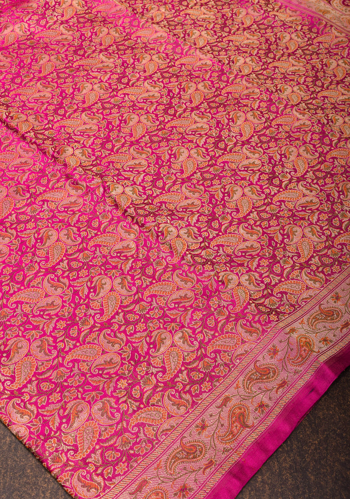 Rani Pink Tanchoi Floral Banarasi Silk Saree in Pure Silk Satin   | SILK MARK CERTIFIED