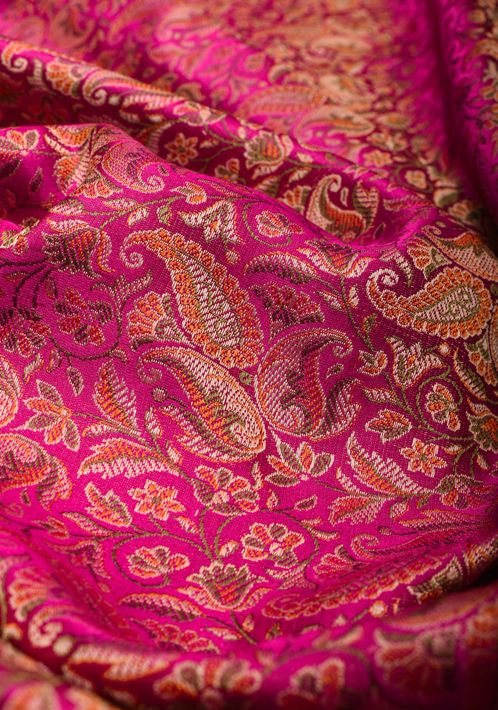 Rani Pink Tanchoi Floral Banarasi Silk Saree in Pure Silk Satin   | SILK MARK CERTIFIED