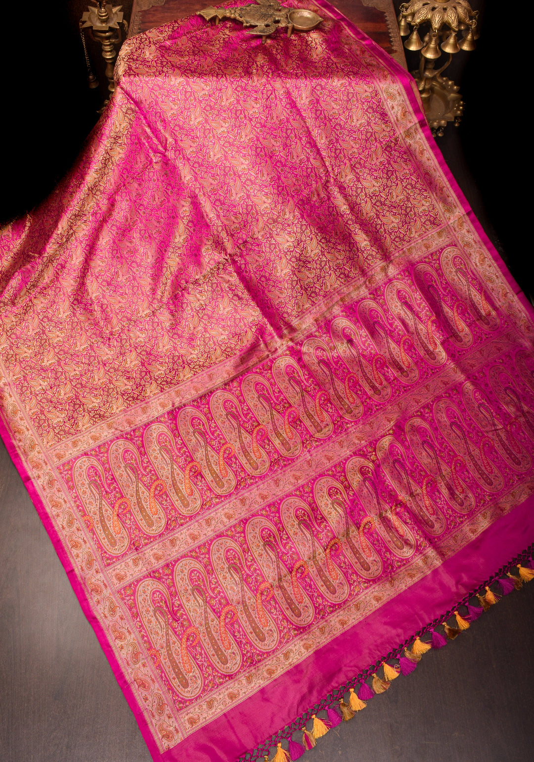Rani Pink Tanchoi Floral Banarasi Silk Saree in Pure Silk Satin   | SILK MARK CERTIFIED