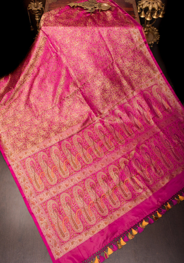 Rani Pink Tanchoi Floral Banarasi Silk Saree in Pure Silk Satin   | SILK MARK CERTIFIED