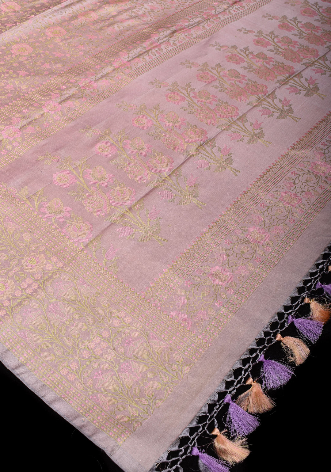 Gray Lavender Tanchoi Satin silk Saree with Floral Weave Design | SILK MARK CERTIFIED