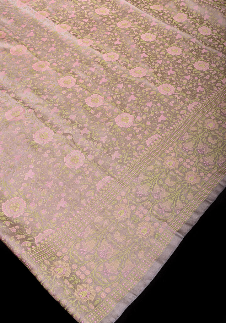 Gray Lavender Tanchoi Satin silk Saree with Floral Weave Design | SILK MARK CERTIFIED