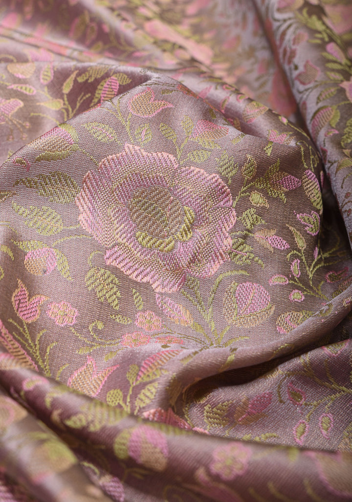 Gray Lavender Tanchoi Satin silk Saree with Floral Weave Design | SILK MARK CERTIFIED