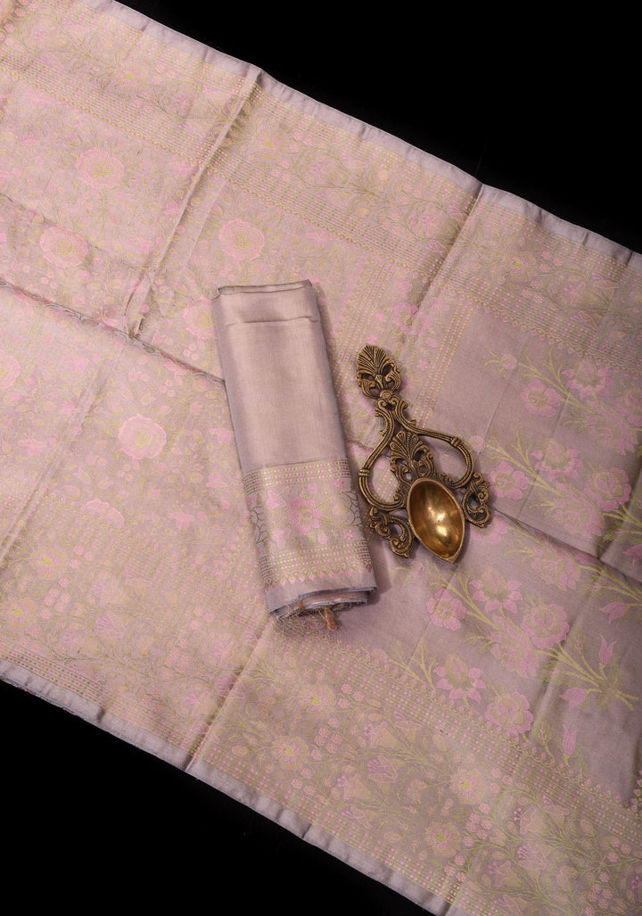 Gray Lavender Tanchoi Satin silk Saree with Floral Weave Design | SILK MARK CERTIFIED
