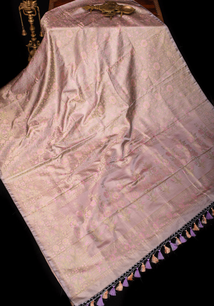Gray Lavender Tanchoi Satin silk Saree with Floral Weave Design | SILK MARK CERTIFIED