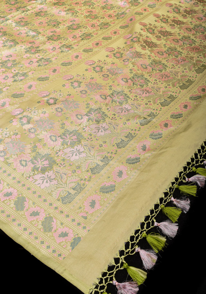 Light Cardamom Green Tanchoi Satin silk Saree with Floral Weave SILK MARK CERTIFIED
