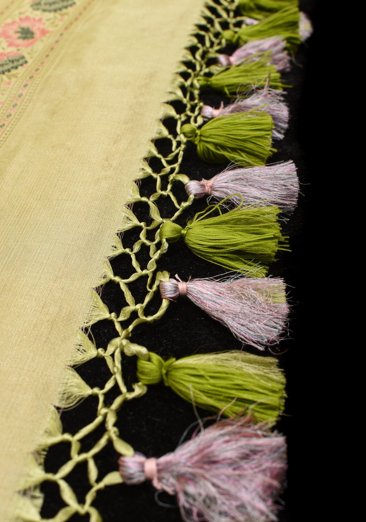 Light Cardamom Green Tanchoi Satin silk Saree with Floral Weave SILK MARK CERTIFIED