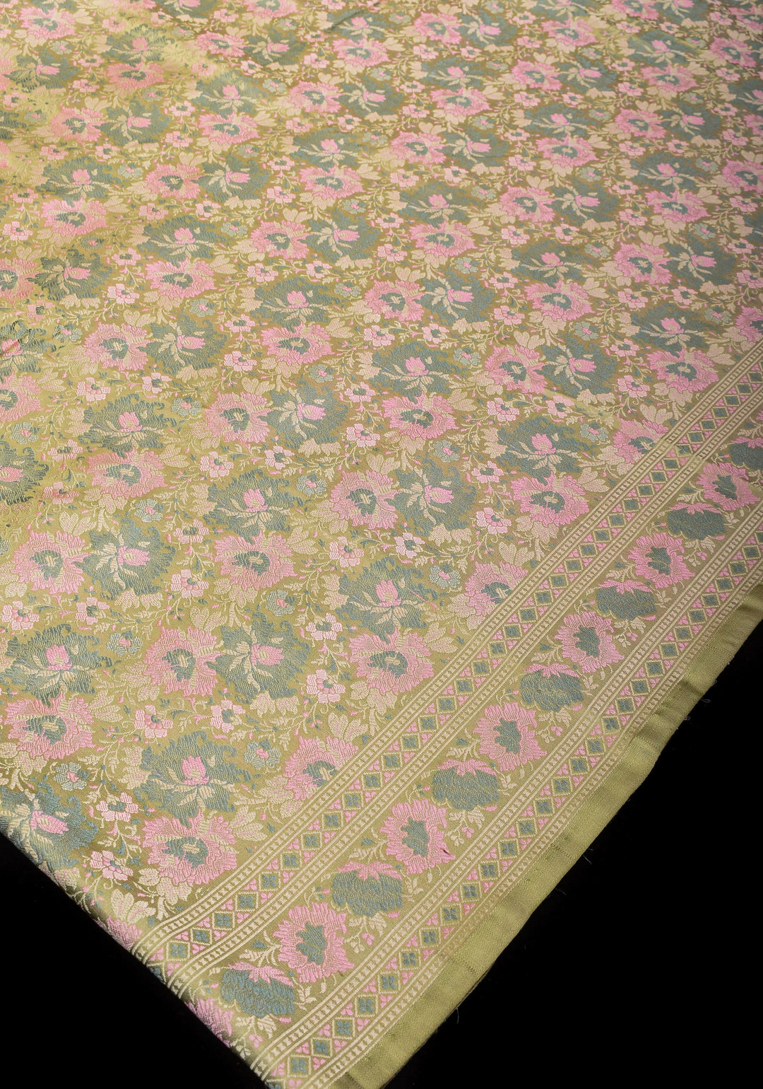 Light Cardamom Green Tanchoi Satin silk Saree with Floral Weave SILK MARK CERTIFIED