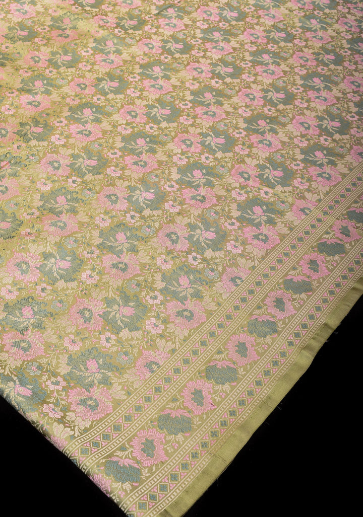 Light Cardamom Green Tanchoi Satin silk Saree with Floral Weave SILK MARK CERTIFIED
