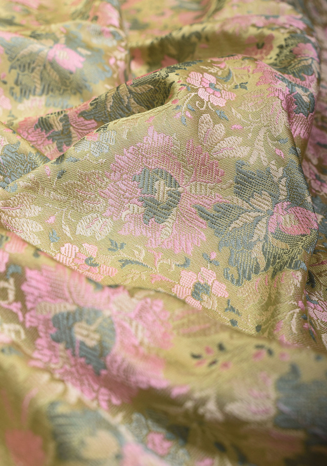 Light Cardamom Green Tanchoi Satin silk Saree with Floral Weave SILK MARK CERTIFIED