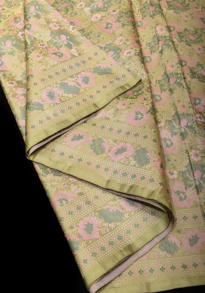 Light Cardamom Green Tanchoi Satin silk Saree with Floral Weave SILK MARK CERTIFIED