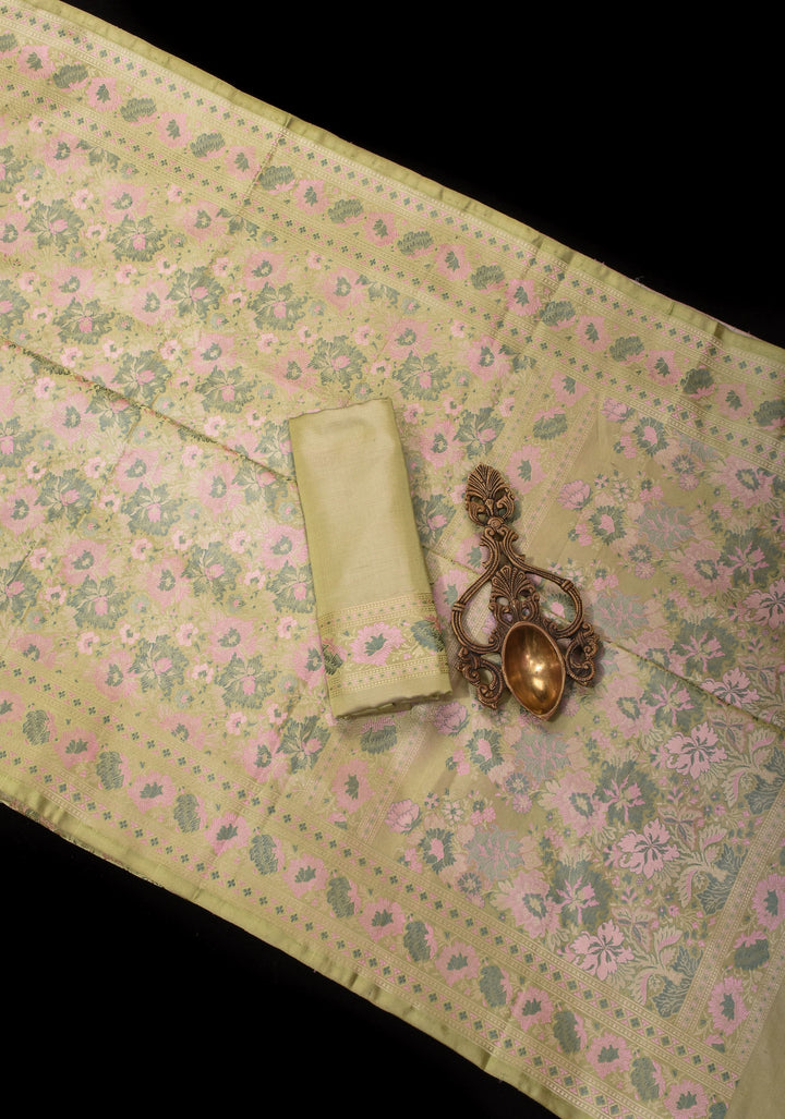 Light Cardamom Green Tanchoi Satin silk Saree with Floral Weave SILK MARK CERTIFIED