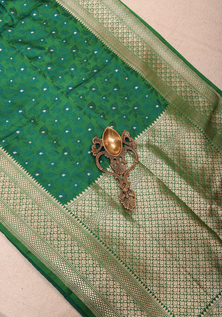 Green Tanchoi Banarasi Silk Saree with Self Brocade, Dainty Buttis and Zari Borders  | SILK MARK CERTIFIED