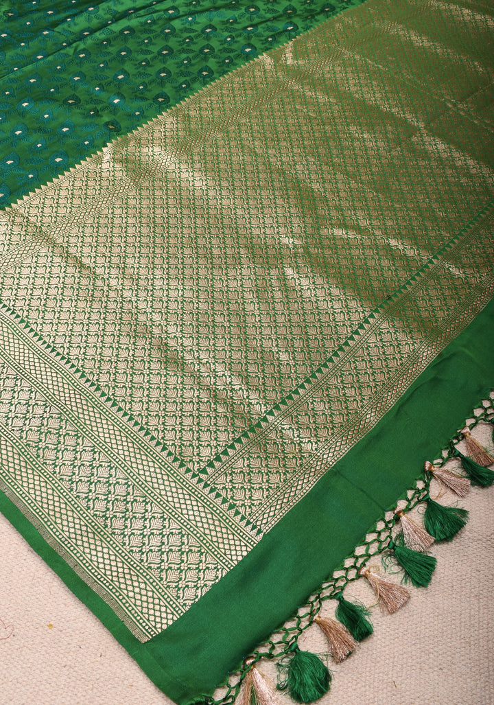 Green Tanchoi Banarasi Silk Saree with Self Brocade, Dainty Buttis and Zari Borders  | SILK MARK CERTIFIED