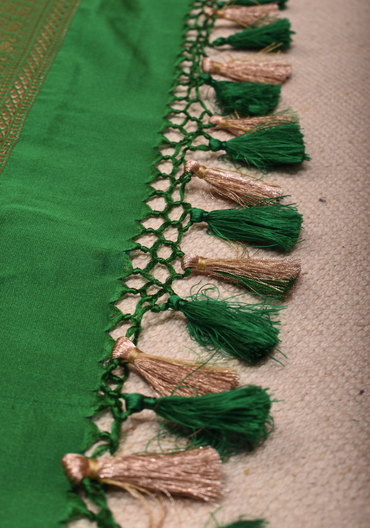 Green Tanchoi Banarasi Silk Saree with Self Brocade, Dainty Buttis and Zari Borders  | SILK MARK CERTIFIED