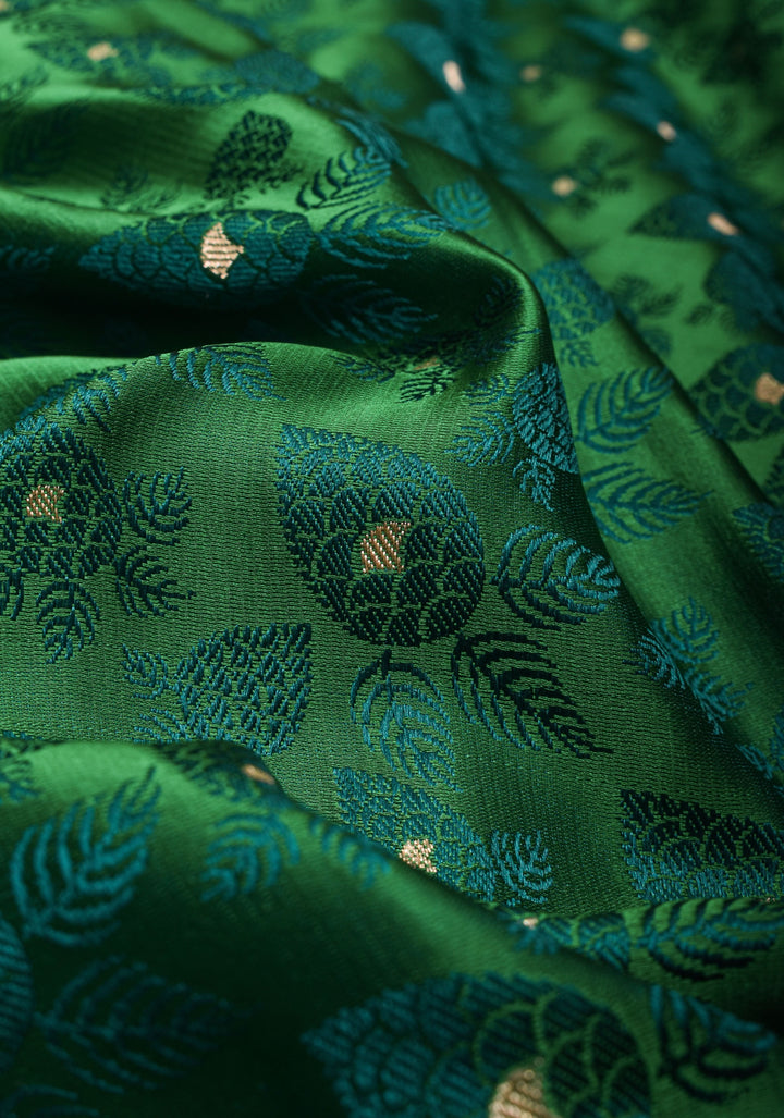 Green Tanchoi Banarasi Silk Saree with Self Brocade, Dainty Buttis and Zari Borders  | SILK MARK CERTIFIED
