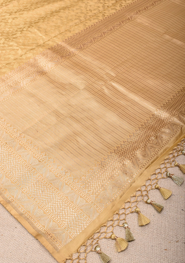 Elegant Golden Banarasi Silk Saree with Subtle Textured tanchoi weave and zari borders| SILK MARK CERTIFIED
