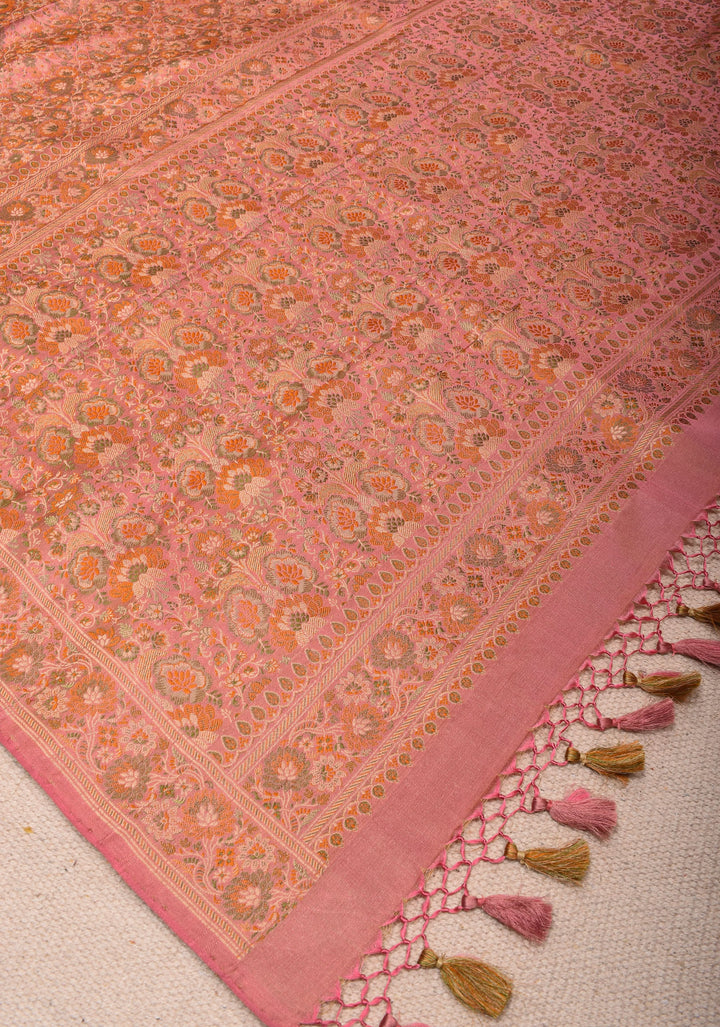 Delicate Pink Banarasi Silk Saree with Floral Patterns and Subtle Tassels| SILK MARK CERTIFIED