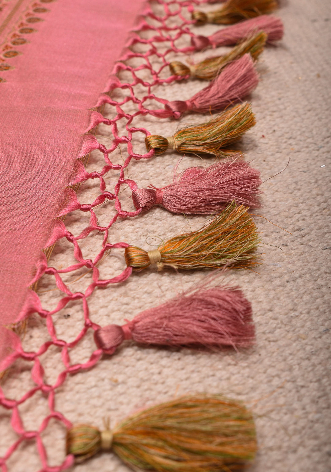 Delicate Pink Banarasi Silk Saree with Floral Patterns and Subtle Tassels| SILK MARK CERTIFIED