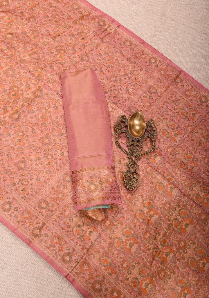 Delicate Pink Banarasi Silk Saree with Floral Patterns and Subtle Tassels| SILK MARK CERTIFIED