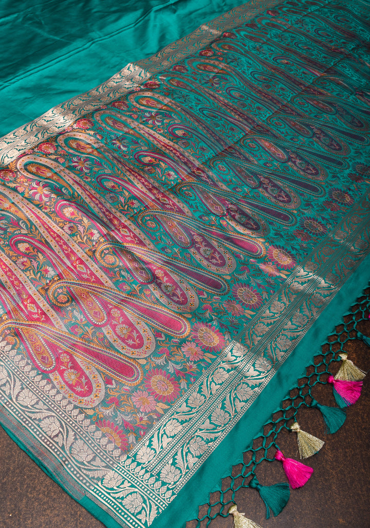 Teal Pure Mashru silk saree with Minimal Zari Borders and Tanchoi Jamawar Pallu | SILK MARK CERTIFIED