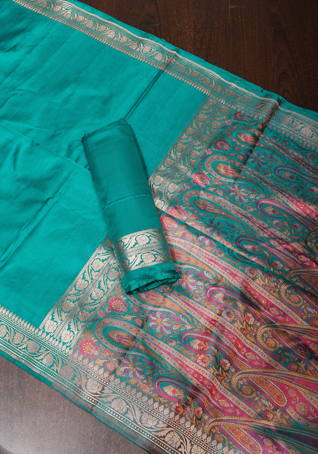 Teal Pure Mashru silk saree with Minimal Zari Borders and Tanchoi Jamawar Pallu | SILK MARK CERTIFIED